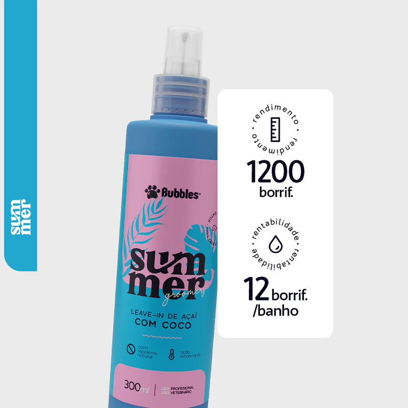 Leave-In Pet Açaí Com Coco Summer Líquido 300ml Cães Gatos Banho e Tosa Bubbles