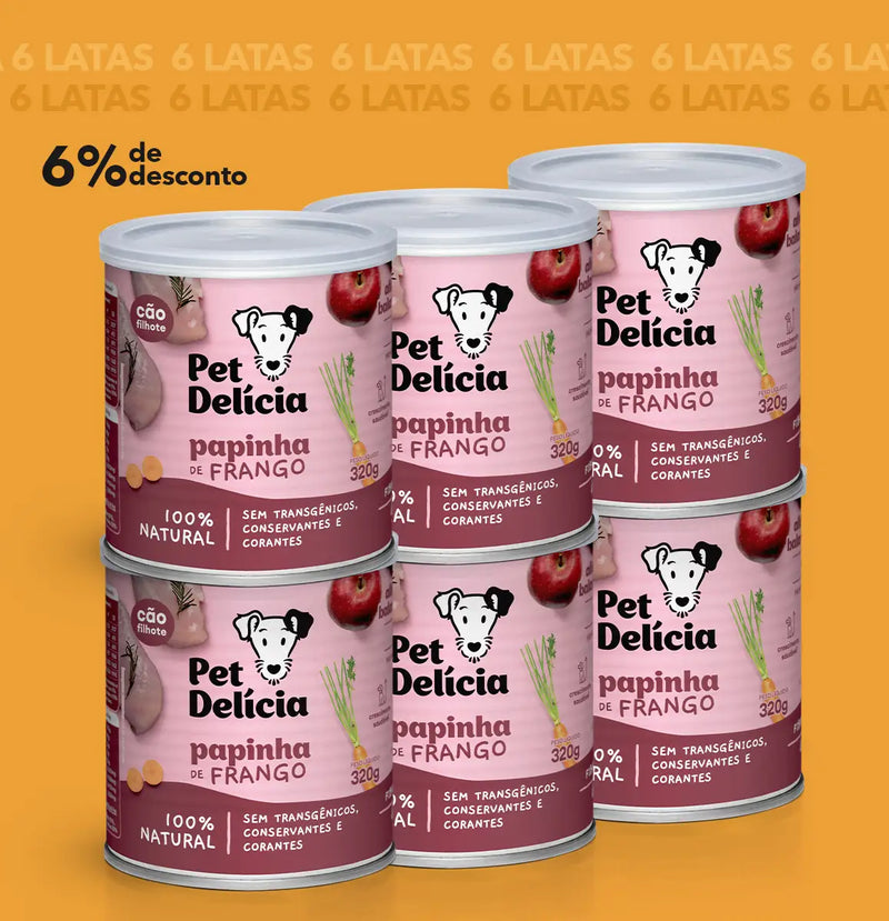 Kit 6 Unidades Pet Delícia Filhotes Papinha de Frango 320 g Cães