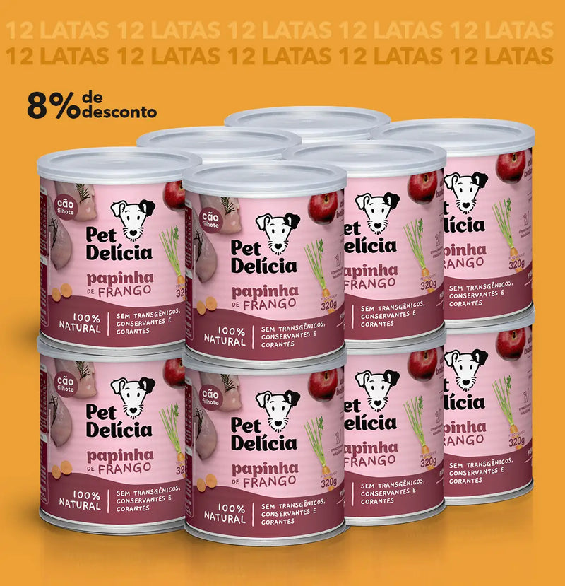Kit 12 Unidades Pet Delícia Filhotes Papinha de Frango 320 g Cães